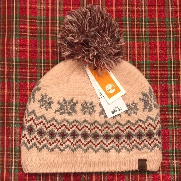 Brand New Timberland Pink Fair Isle Fleece-Lined Pom Beanie Hat - Picture 12 of 12